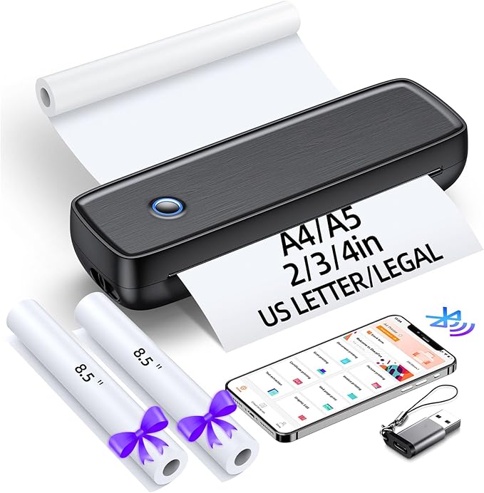 Portable Printer Wireless for Travel，Bluetooth Thermal Support 8.5inches X 11inches US Letter &Legal, A4&A5 Thermal Paper, Inkless Compatible with iOS, Android & Laptop for Office Car Home