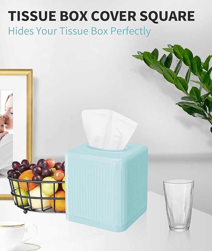 Livelab Tissue Box Cover and Holder - Square Plastic Decorative Tissue Dispenser - Modern Cube Style - For Bathroom, Living Room, Office - Blue
