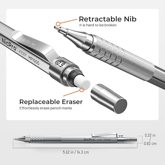 Nicpro 0.9 mm Metal Mechanical Pencil Set with Case, with 3PCS MP1000 0.9mm Drafting Pencil, 8 Tubes HB Lead Refills, 3PCS Eraser, Erasers Refills for Artist Writing, Drawing, Sketching, Silver