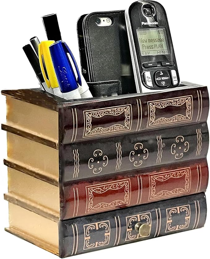 Bellaa 20591 Pencil Pen Holder Desk Organizer Caddy Bottom Storage Drawer Antique Vintage Books Decorative Design Home Office Library