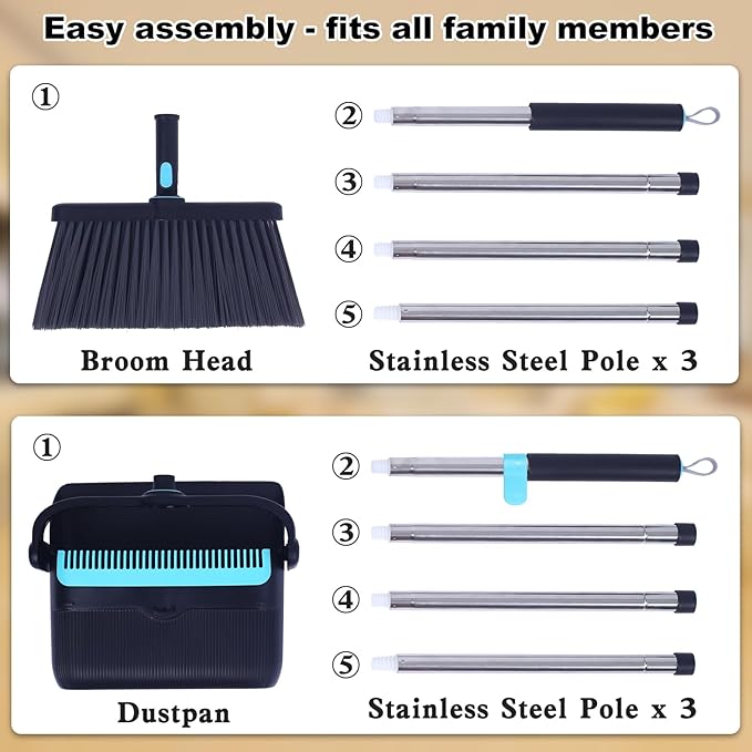 Heavy Duty Broom and Standing Dustpan Combo Set, Rotatable Head Dust Pan and Brush Set with Collapsible Handle, Cleaning Teeth, Hanging Loop, Ideal for Pets, RV, Kitchen, Camping, Outdoor Floor, Black