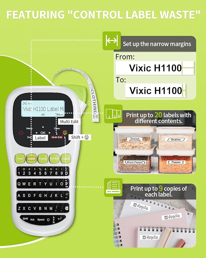 Vixic Label Maker Machine with-Tape, H1100 Handheld Label Maker Portable Labeler with Backlight Screen Keyboard for Home School Office Organization, Multiple Fonts Symbols Borders Easy to Use Inkless