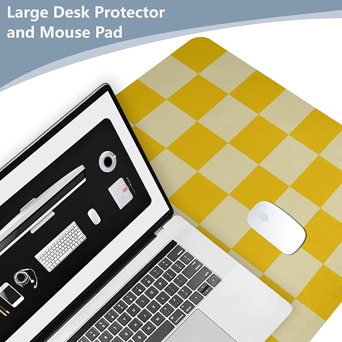 Mouse Pad Desk Mat Leather Desk Pad Large Gaming Desk Cover Protector Mat for Keyboard Computer Laptop Office Waterproof 47.2 x 23.6 Inch Checkered Yellow