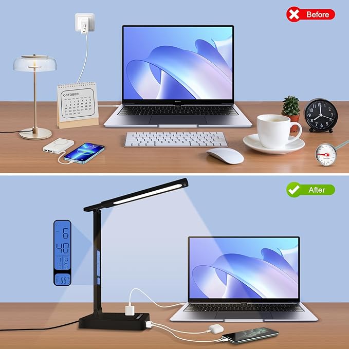 karidi Smart Desk Lamp with Digital Clock, 4-in-1 Charging Station (2 AC Outlets, Type-C, USB-A Ports), Temperature Display, 5 Color & Brightness Settings, Ideal for Offices & Bedrooms