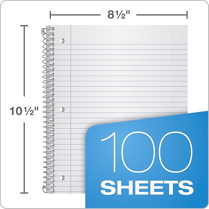 Oxford Spiral Notebooks, 1-Subject, Wide Ruled Paper, Durable Plastic Cover, 100 Sheets, Divider Pocket, 3 per Pack (10389)