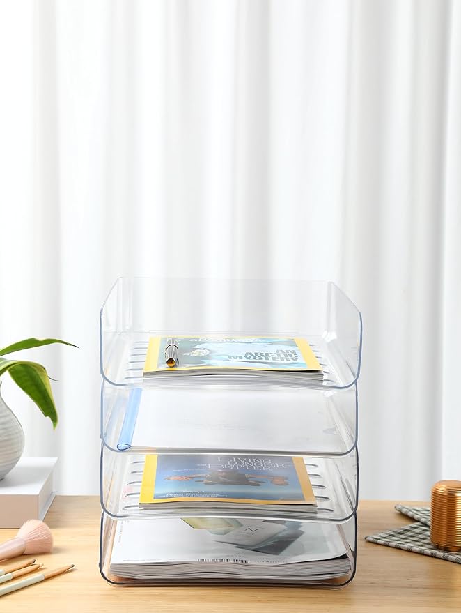 (4pcs Pack) HKeeper Stackable Paper Trays,Letter Tray Organizer,Office Desktop Organizer,A4 Paper Holder,Supplies Magazine,File Documents,Receipts(Clear,Regular)