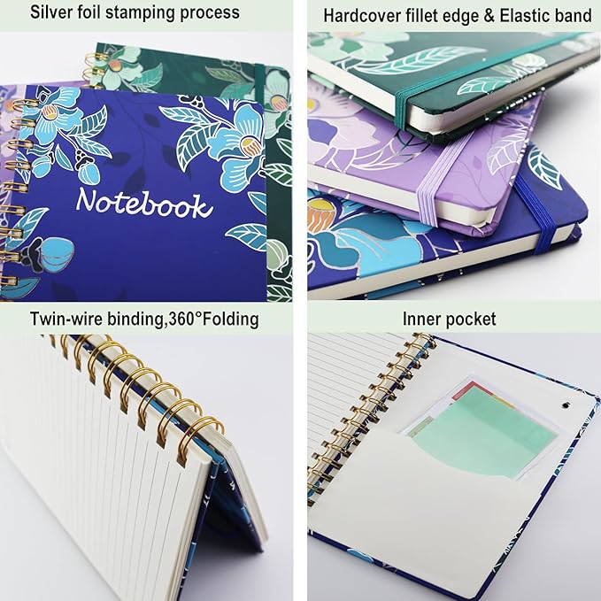 3 Pack Hardcover Spiral Notebook Journal for Women,A5 College Ruled Notebooks with Pocket,8.5"x 5.7",160 Pages,Cute Journals for Daily Study or Work