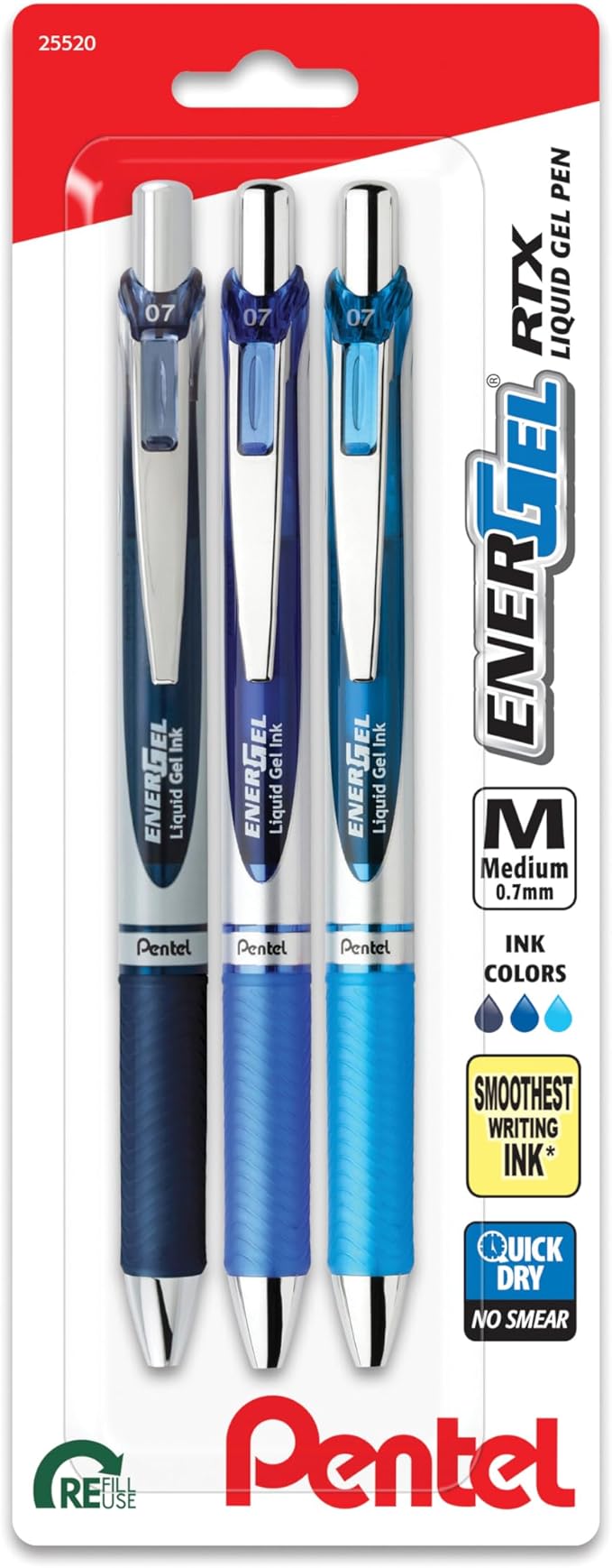 Pentel EnerGel RTX Retractable Liquid Gel Pen, 0.7mm, Note-Taking Hue, Navy, Blue, and Sky Blue Ink, Pack of 3 Pens (BL77LBNBP3M)