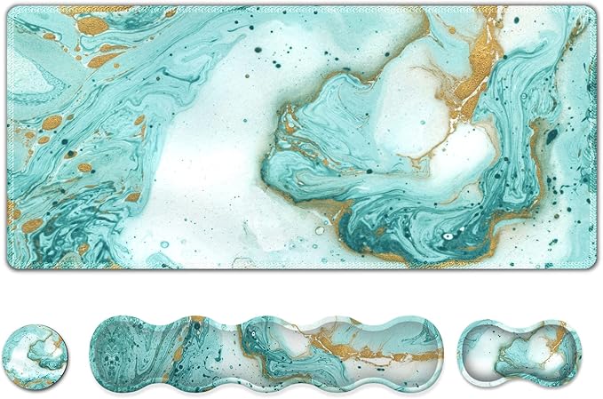 Upgraded Large Gaming Mouse Pad, Keyboard Wrist Rest Pad, Wrist Support Mousepad Set, Artso Rubber Base Stitched Edges, Multifunctional Desk Pad (35 x15.5 in) for Office, Home, Teal Turqoise Marble