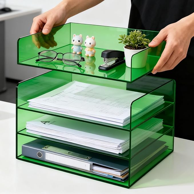 Acrylic File Organizer for Desk 4 Tiered Stackable Letter Tray Office Paper Storage Desktop Document Sorter, Emerald Green