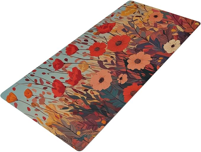 Mouse Pad Desk Mat Leather Desk Pad Large Gaming Desk Cover Protector Mat for Keyboard Computer Laptop Office Waterproof 35.4 x 16.5 Inch Autumn Poppy Flowers