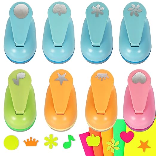 Craft Punches 8 Pack with 6 Sticker Paper, 1inch Hole Punch Shapes Medium Paper Shape Punches for Paper Craft DIY Scrapbooking
