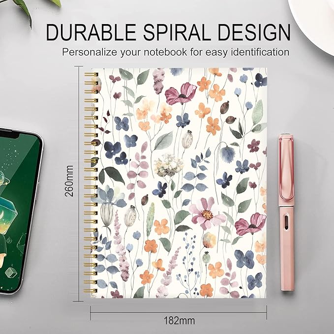 Spiral Journal Notebook for Women,A5 College Ruled Notebooks 6"x 8.4", 120 Pages Lined Journal with Premium Thick Paper,Perfect for School Office Home Gifts(Watercolor rustic floral)