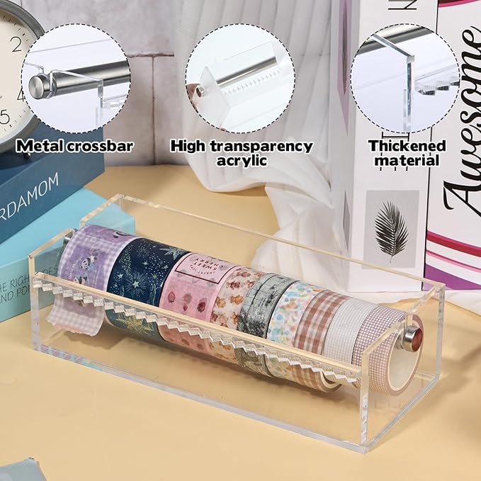 Rainmae Acrylic Washi Tape Dispenser Washi Tape Organizer Sticker Roll Cutter Masking Tape Storage Dispenser,Tape Cutter,Tape Roll Holder for Office Home School (Not Include Tape)