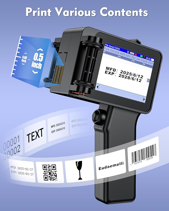 Mini Handheld Inkjet Printer, T1000 Printer Gun with 42ml Fast-Drying Ink Cartridge, Mini Date Printers for Date Coder, QRcode, Barcode, Batch Number, Text, Logo(Black, Printing Height: 0.08-0.5Inch)