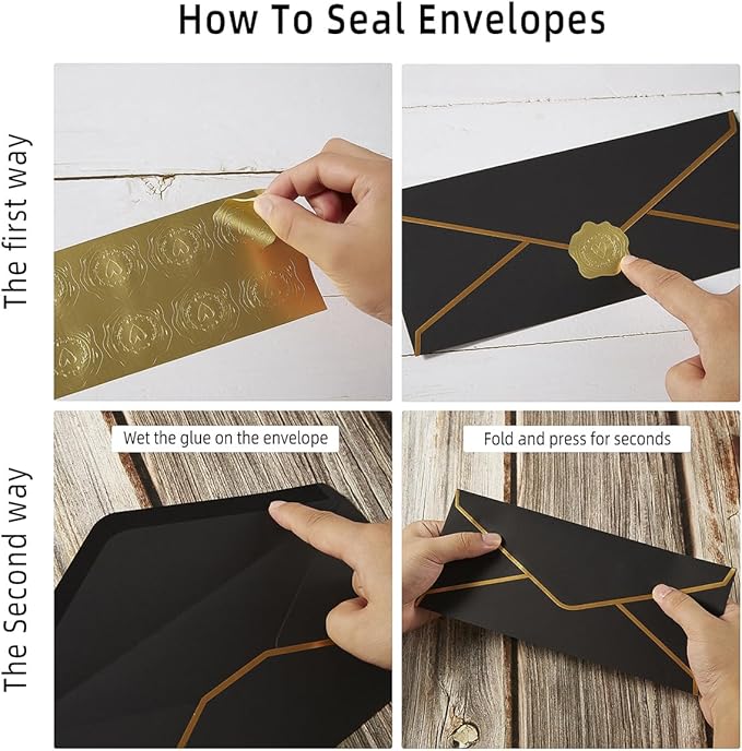 50 Pack #10 Business Envelopes with Gold Border, Self Seal Standard Envelopes with Gold Stickers for Office, Checks, Letter Mailing, Invoices, 4 1/8 x 9 1/2 Inches (Black)