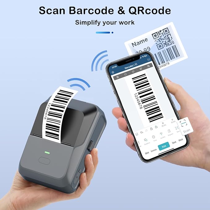 Label Maker for Small Business with Auto Scan, Label Maker Machine with Tape, Portable Bluetooth Thermal Printer for Barcode, Shipping, Office, Home, with 50 * 30mm * 300 Labels (Gray)