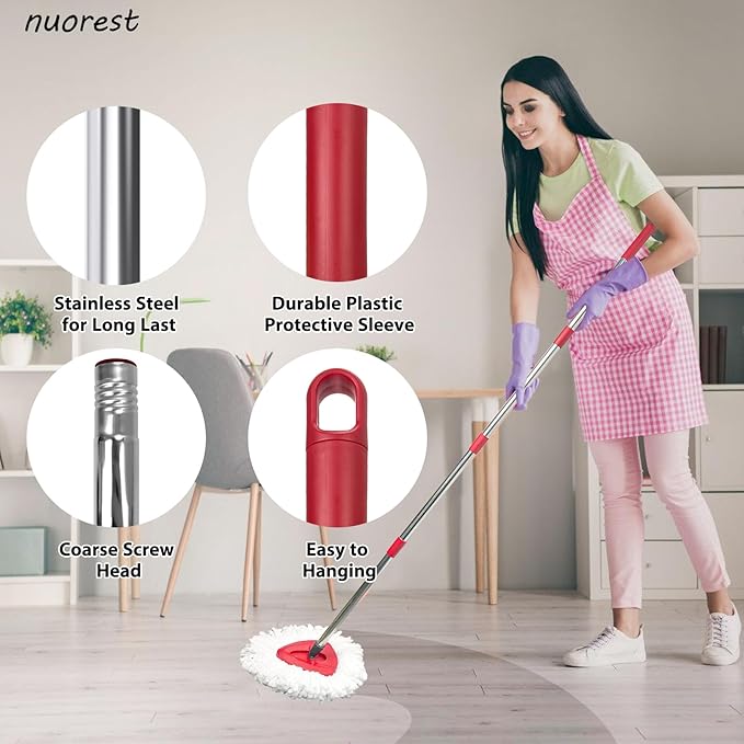 Nuorest Spin Mop Replacement Set for O-Ceda EasyWring 1-Tank System, Includes 2 Mop Head Replacement, 1 Mop Handle (30-58in Adjustable 4-Section Pole), 1 Spin Base