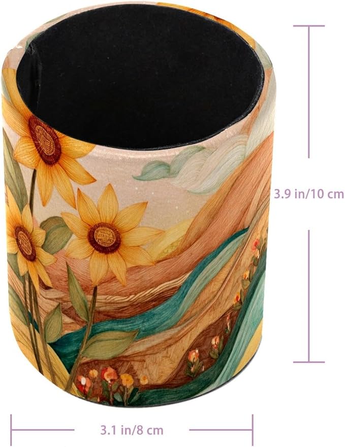 Watercolor Art Sunflower PVC Leather Circular Pencil Holder for Desk Organizer Stationery Holder for Office, School(3.9 x 3.1 Inches)