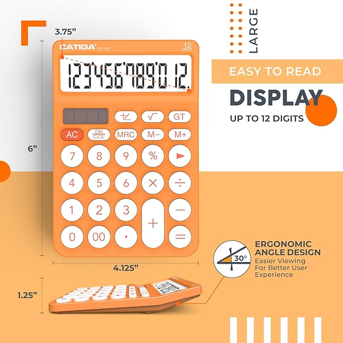 CATIGA 12 Digit Desktop Calculator Basic Desk Calculator with Large LCD Display, Big Buttons, 4 Function, Solar and Battery Dual Power, for Office, School, Home, SD-1292 Orange