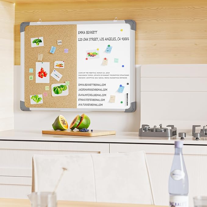 Cork Board White Board Combo, 18" x 24" Cork White Board Combination with Removable Tray, 10 Pins, Eraser, 8 Markers, 6 Magnets（Vertical）