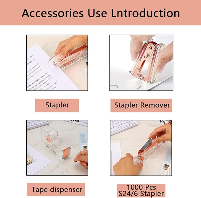 Office Supplies,Desk Accessories,with Stapler,Tape Dispenser,Staple Remover,Scissor,Ballpoint Pen,Clear Tape,Staples,Binder,Best Gift Set(Rose Gold)