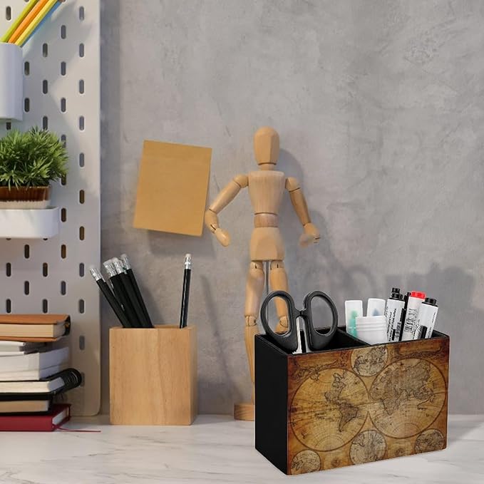Pen Holder, Pencil Holder for Desk Organizer, Vintage Retro World Map PU Leather Pencil Cups Desktop Stationery Storage Makeup Brush Holder Pen Organizer for Office Home