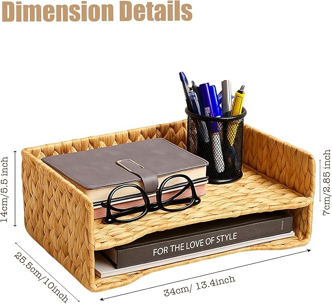 PINXIURY 2-Tier Water Hyacinth Letter Tray – Woven Paper & Mail Organizer for A4 Files, Magazines, Office Documents Desktop File Basket for Home Office Supplies