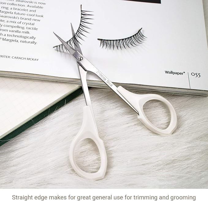 Eyebrow Scissors Self Care Tools Small Scissors for Facial, Nose, Eyebrow, Mustache, and Beard Hair Trimming & Grooming, Straight Edge, White Short Cap