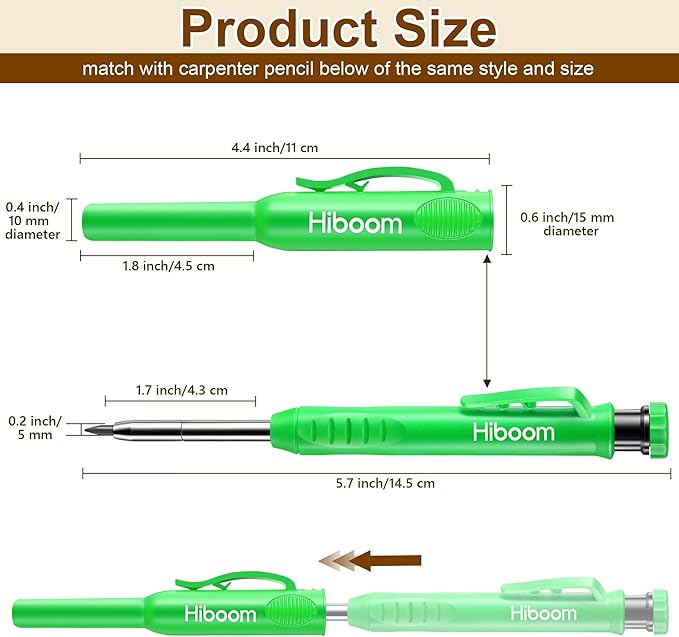 Hiboom 2 Pack Solid Carpenter Pencils with Pencil Cap and 18 Refills, Long Nose Deep Hole Mechanical Pencil Marker, Scribe Tool with Built-in Sharpener for Construction Woodworking Architect (Green)