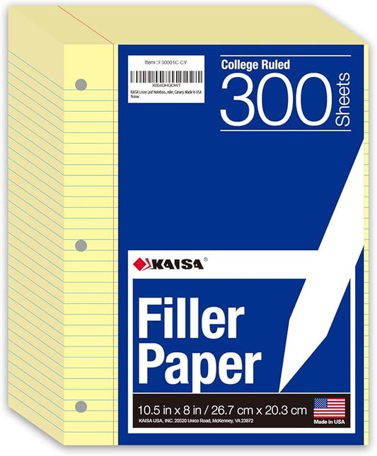 KAISA Loose Leaf Notebook Paper, College Ruled, 300 Sheets Per Lined Paper, 8" x 10.5", 3 Hole Punched for 3 Ring Binder, Canary, Made In USA