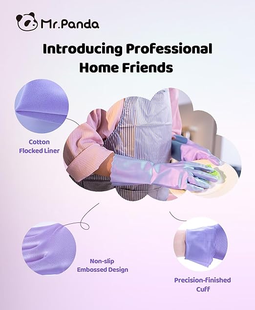Mr.Panda Skin-Friendly Flocked Cotton Liner Cleaning Gloves Large, Reusable Dishwashing Gloves for Washing Dishes, Kitchen, Shimmering Pink