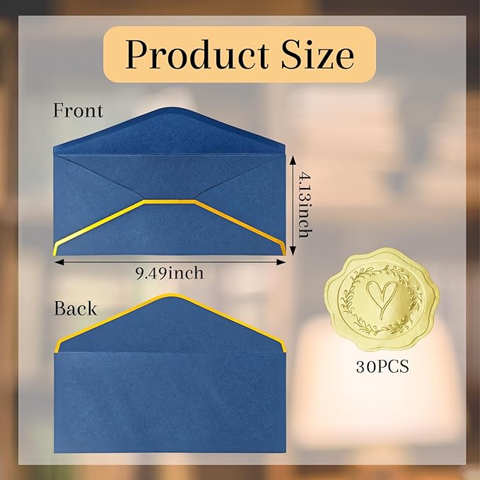 30 Pack #10 Business Envelopes with Gold Border and Stickers, 9.49x4.13 Inch Self Seal Standard Envelopes for Office, Letters, Checks, Invoices, Documents (Navy Blue)