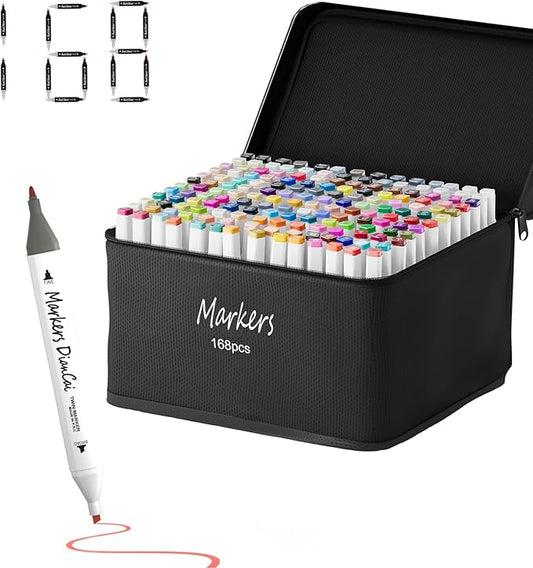 Alcohol Markers, 168 Colors Dual Tip Permanent Art Marker Set for Kids, Coloring Painting Supplies Sketch Drawing Pens for Adults, Holiday Present for Boys Girls Students (White)
