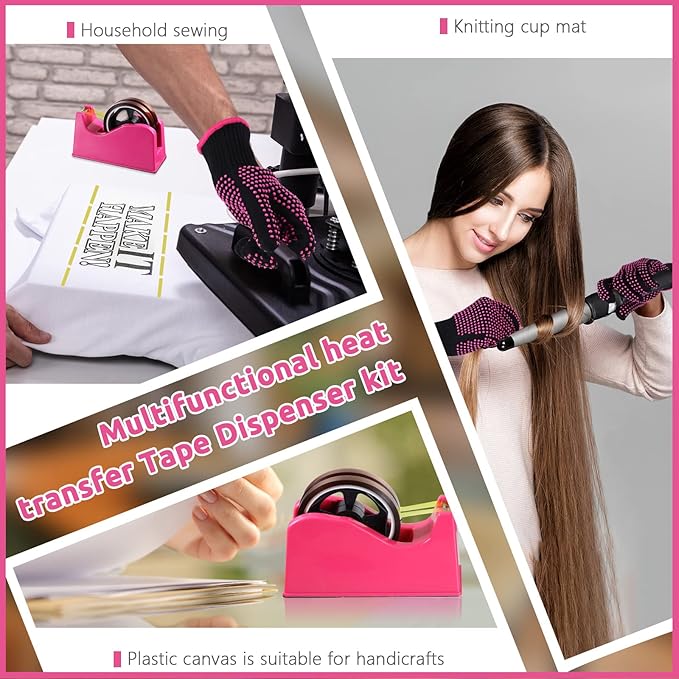 Sabary 9 Pcs Heat Tape Dispenser Set, Sublimation Tapes Dispenser Adhesive Roll Holder 2 Pcs Heat Resistant Gloves with Silicone Bumps 6 Pcs Thermal Tape for Office Home (Rosy)