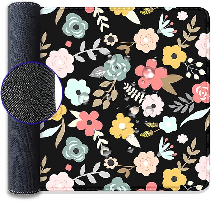 Black Cartoon Flowers Desk Pad Mouse Pad,Floral Prints Extended Large Gaming Mouse Mat with Stitched Edges,Non-Slip Waterproof Rubber Base Mousepad for Office Work Home Desk Mat(27.5X11.8 in)