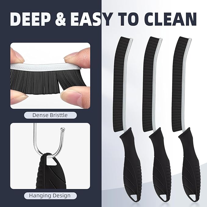 Hard Bristle Crevice Cleaning Brush - Home Cleaning Tools, Multi-Purpose Crevice Supplies for Kitchen, Bathroom, Toilet, Window, Vehicle, Faucets, Grout, Home (3, Black)