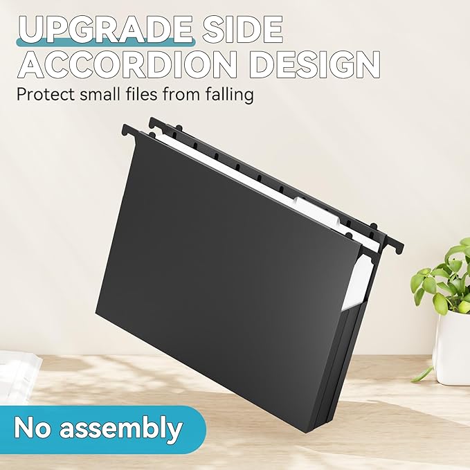 Plastic Hanging File Folder Expandable,Letter Size,Upgraded 2" Expansion Accordian Pocket,12 Pack Extra Capacity Hanging Folders,Adjustable Tabs,No Assembly,Heavy Duty for Filing Cabinet,Black