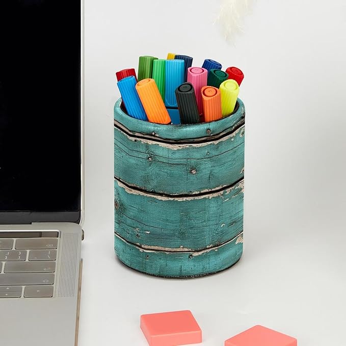 Round Creative Pen Holder |Rustic Distressed Teal Green Barn Wood P (1) Desktop Storage Organizer|Gadget Stationery Storage Box|Office Leather Organizer