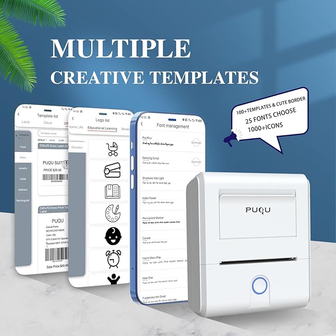 PUQU Q1 Label Maker Machine with 40x30mm Tape, All Free APP with 1000 Icons and 200 Templates, 2 Inch Portable Bluetooth Label Printer for Address, Barcode, Cable, Jewelry, Organizing, Storage, White