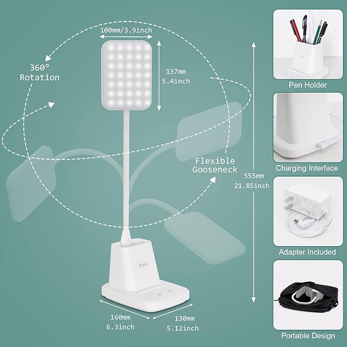 LED Desk Lamp with Wireless Charger, Sailstar White Desk Light with Pen Holder, 3 Color Modes with Stepless Dimming, CRI 85, 800 Lumen, Study Lamps for College Dorm Room, Home Office, Adapter Included