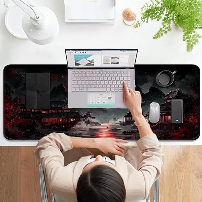 Japanese Dreamy Lakescape Full Moon Gaming Desk Mat, Computer Keyboard Large Extended Long Mouse Pad for Office and Home, XL (W07)