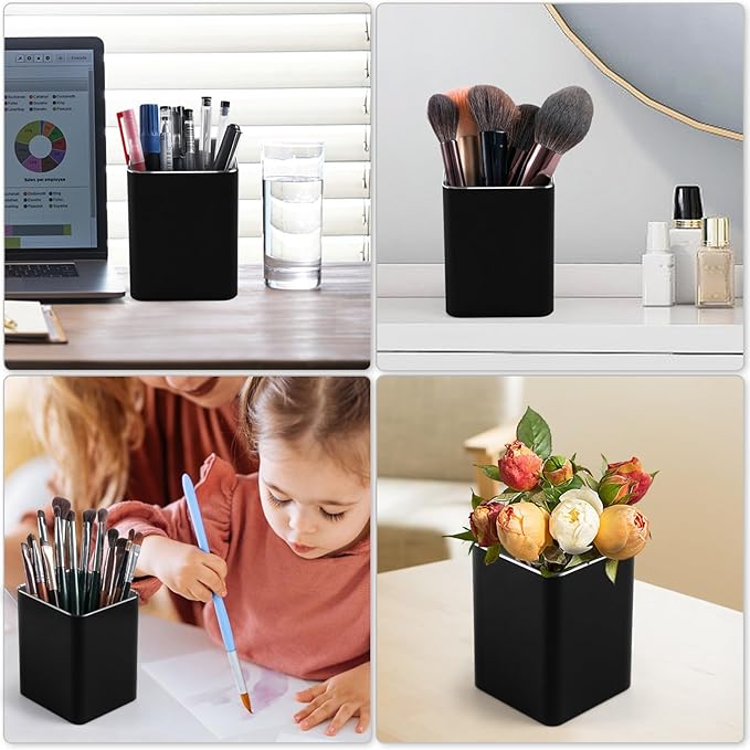 RQB Metal Pen Holder for Desk Square Aluminum Desktop Organizer and Makeup Brush Holder Storage Box for Office, School, Home, and Kids, Non-slip silicone 4×3.15inch (Black)