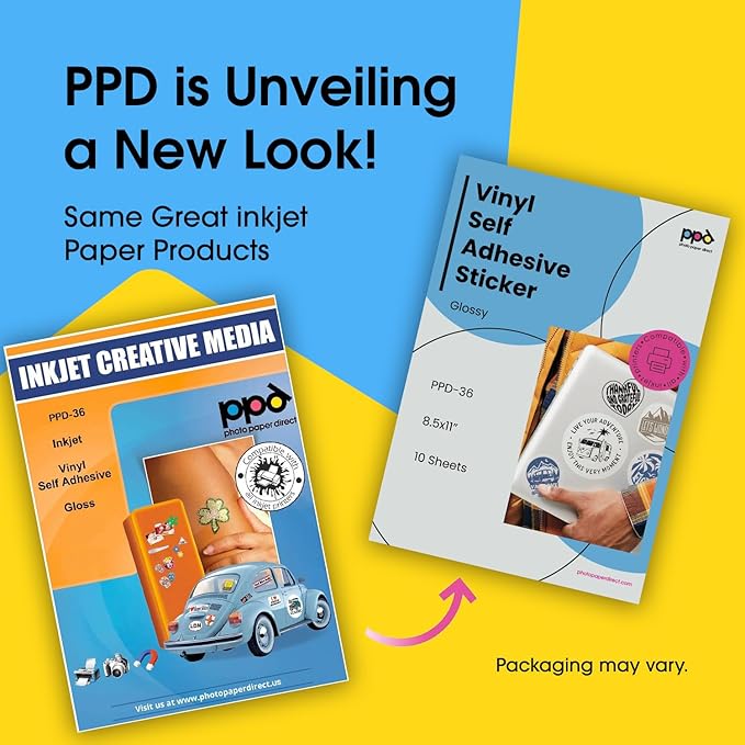 PPD Premium Printable Vinyl Sticker Paper for Inkjet Printer - 10 Glossy Sticker Paper 8.5 x 11 - Self-Adhesive, Waterproof, Tear Resistant, Instant Dry - PPD-36-10