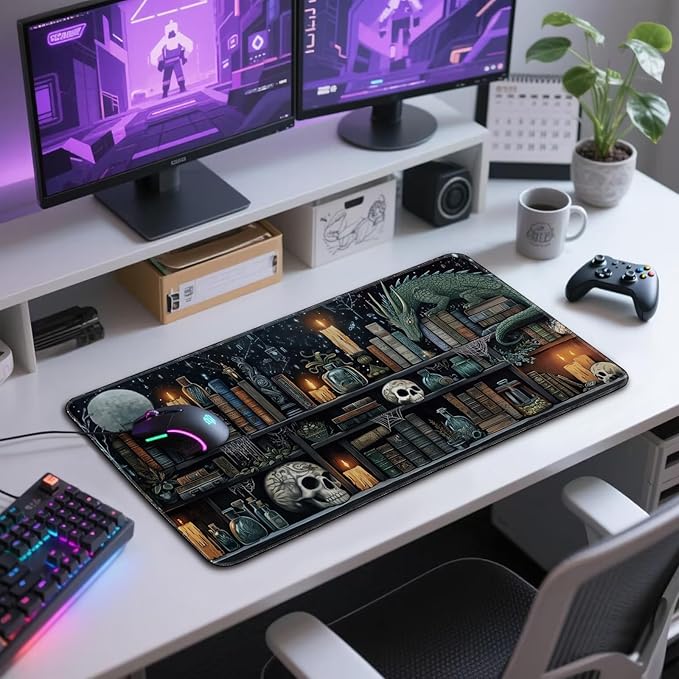 Mystical Gothic Library Large Gaming Mouse Pad 31.5"x15.7"｜ Vintage Book-Themed XXL Desk Mat, Non-Slip Rubber Base & Stitched Edges - Extended Mousepad for PC/Laptop/Office/Home Decor