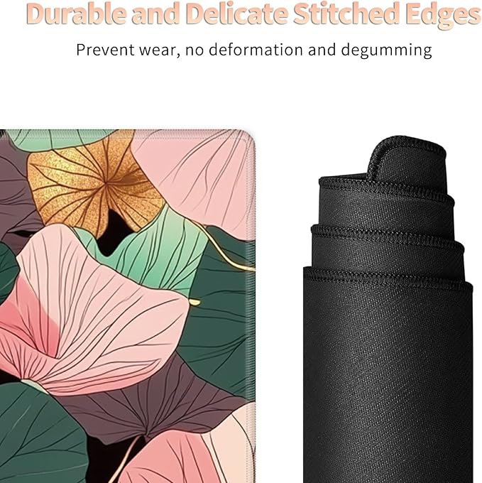 Desk Mat Large Gaming Mouse Pad (31.5x11.8 inch) with Stitched Edges, XL Mouse Pad +Coaster, Extended Mouse Mat Keybroad Mousepad Non-Slip Rubber for Gamer Men Women, Pink Teal Lotus Leaf