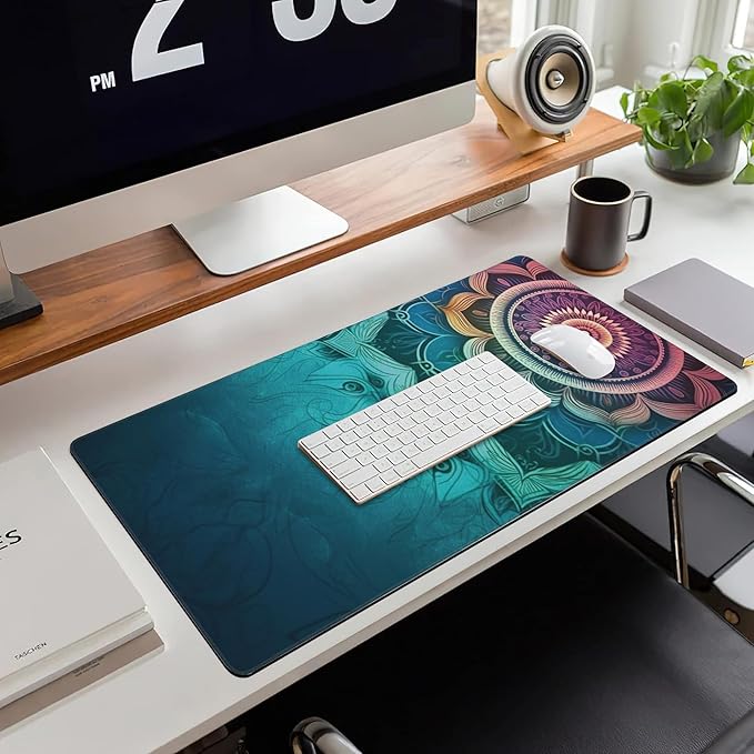 Desk Mat, Vintage Mandala Flowers Extended Large Gaming Mouse Pad XXL, Non-Slip Rubber Base Stitched Edges Long Computer Keyboard Desk Pad Mouse Mat for Home Office Gaming 35.4"X15.7"