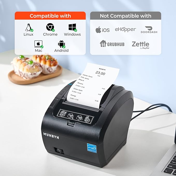 MUNBYN Bluetooth Thermal Receipt Printer P047, 80mm POS Printer, Thermal Printer with USB Serial Ethernet, Bluetooth, Support Android Windows PC (Do Not Support iOS Paypal Doordash Grubhub Vagaro)