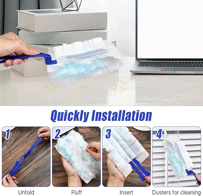 Elesunory 100 Pcs Duster Refills Bulk, Thickened Duster Refill Electrostatic Duster Head, Duster Refills for Cleaning with 4 Handles, Disposable Duster Refills for Cleaning Blinds, Ceiling Fans(Blue)