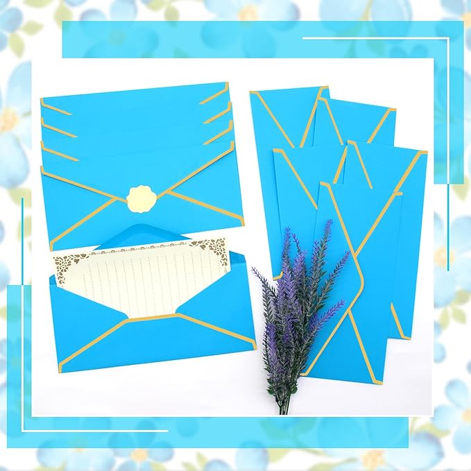 Business Envelopes with Gold Border 30 Pack #10 Envelopes Made of 150gsm Paper, Standard Envelopes with Gold Stickers for Office, Checks, Letter Mailing,9.45 x 4.13 Inches(Lake blue)